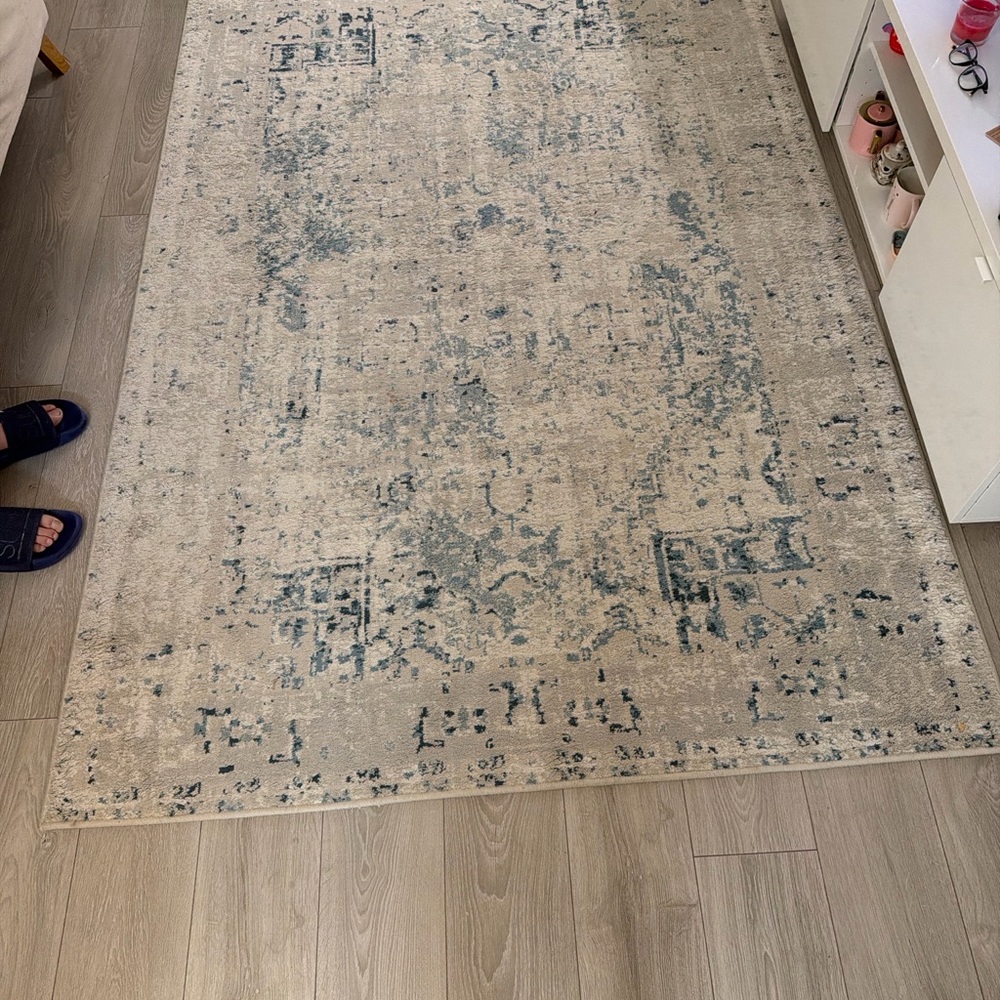 Neutral Vintage-Style Area Rug with Blue Accents